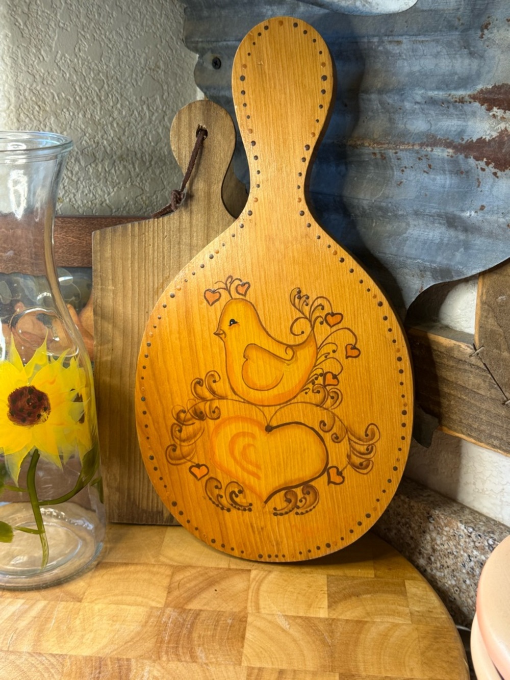Wooden Decorative Paddle Cutting Board with Bird & Heart Pyrography - Honey Oak